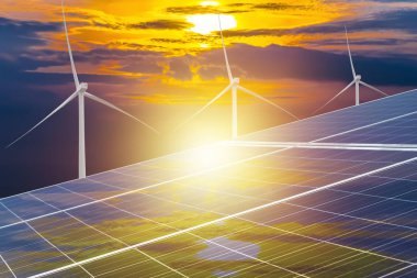 güneş hücreleri ve doğa ekoloji kavramı, Solar panel, fotovoltaik, alternatif elektrik kaynağı - seçici odak, alternatif enerji santrali elektrik üreten rüzgar türbinleri alanı kopyalayın.