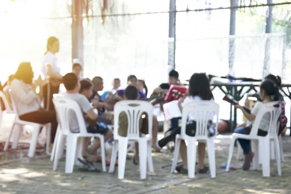 Blurred Photo Group People Sitting Class Practicing Guitar Play Tutor — Stock Photo, Image