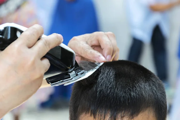 Professional Barber Styling Hair His Client Boy Haircut Hairdresser Beauty — Stock Photo, Image