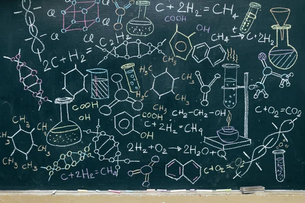 Cząsteczki Modele Wzory Organicznych Formuł Chemicznych Biochemii Naukowych Tło Napisane — Zdjęcie stockowe