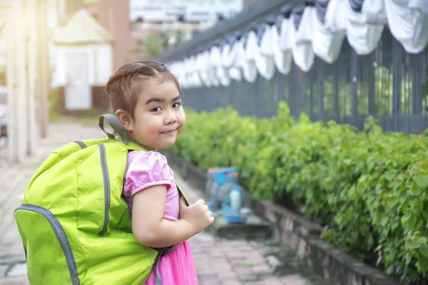 Girl Asia Smiley Face Pink Shirt Green Backpack Education Important — Stock Photo, Image