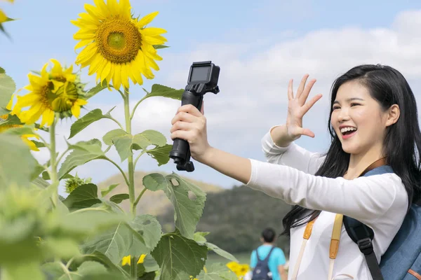 Touristen sind auf dem Sonnenblumenfeld unterwegs. sie filmte die vi — Stockfoto