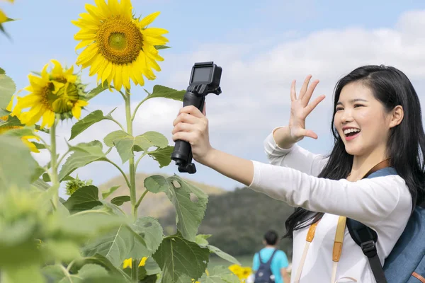 Os turistas estão visitando o campo de girassol. Ela estava filmando o vi — Fotografia de Stock