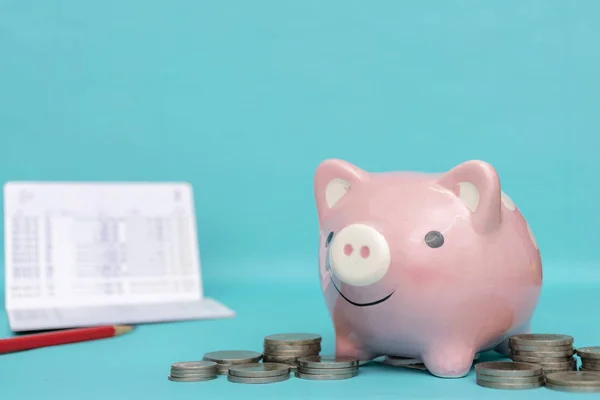 Pink porco porquinho banco está economizando dinheiro . — Fotografia de Stock