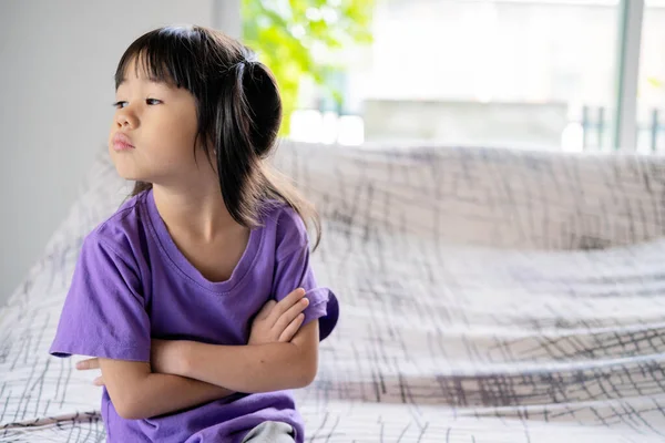 Asian Child Cute Touchy Kid Girl Sitting Face Frown Angry — Stock Photo, Image