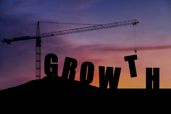 Crane Lifting Letters Arranged Complete Order Growth Construction Silhouette Concept — Stock Photo, Image