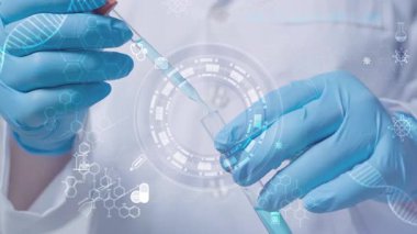 Tıbbi araştırma biyoteknoloji yeniliği, fütüristik bilim, sağlık, DNA analizi, laboratuvar testleri ve insan vücudu tıbbi çalışmaları için mavi eldivenli doktorun elini kapat..