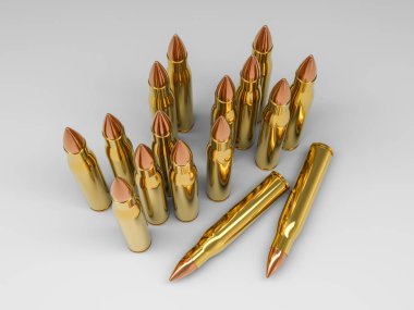 Bir kaç mermi dikey pozisyonda beyaz zemin üzerinde. 3D render