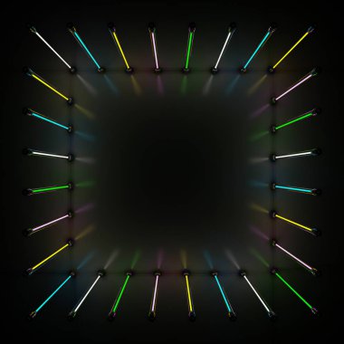 Karanlık odada parlayan ışık lambası neon tüplerin aydınlatma. 3D render