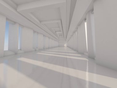 Soyut modern mimari arka plan, boş açık alan iç mekanı. 3B görüntüleme