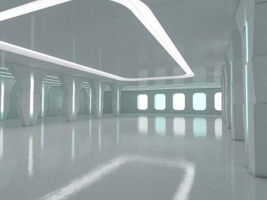 Soyut modern mimari arka plan, boş açık alan iç mekanı. 3B görüntüleme