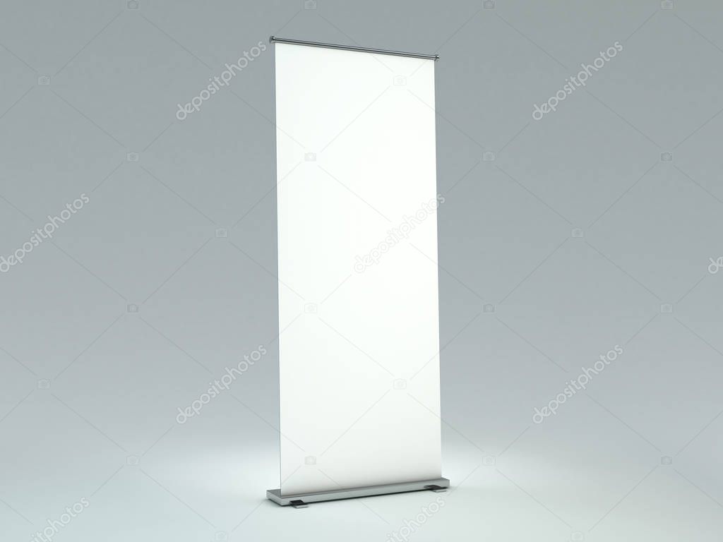 Blank roll up banner display. Template mockup. 3D rendering