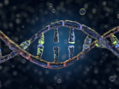 DNA zinciri. Soyut bilimsel geçmiş. Güzel bir illüstrasyon. Biyoteknoloji, biyokimya, genetik ve tıp konsepti. 3B görüntüleme
