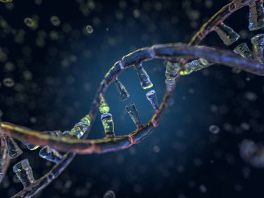 DNA zinciri. Soyut bilimsel geçmiş. Güzel bir illüstrasyon. Biyoteknoloji, biyokimya, genetik ve tıp konsepti. 3B görüntüleme