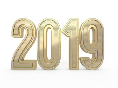 2019 altın numaraları metin süslemesi. Yeni yıl Gregoryen takviminde yılın ilk günüdür. 3D render