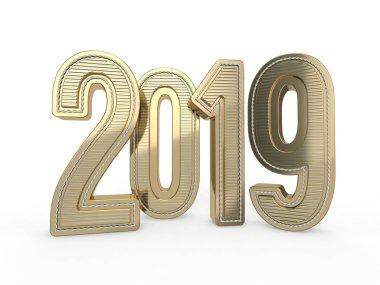 2019 altın numaraları metin süslemesi. Yeni yıl Gregoryen takviminde yılın ilk günüdür. 3D render
