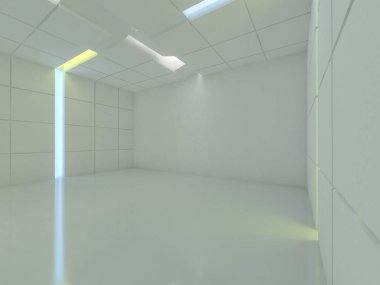 Soyut modern mimari arka plan, boş açık alan iç mekanı. 3B görüntüleme