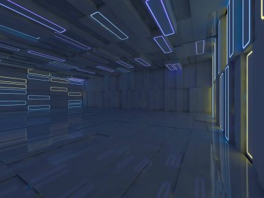 Boş bir oda duvar ve neon ışık arka plan. Neon ışınları ve kızdırma. 3D render