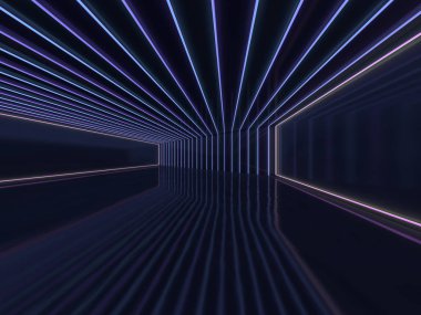 Boş bir oda duvar ve neon ışık arka plan. Neon ışınları ve kızdırma. 3D render