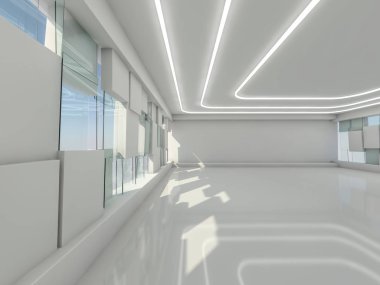 Soyut modern mimari arka plan, boş açık alan iç mekanı. 3B görüntüleme