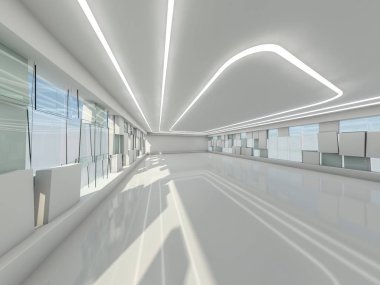 Soyut modern mimari arka plan, boş açık alan iç mekanı. 3B görüntüleme