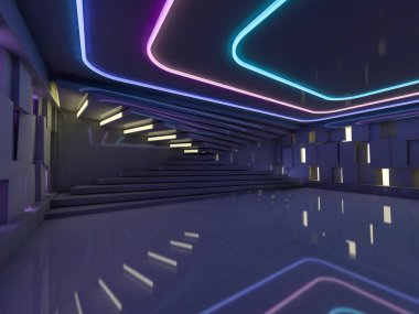 Boş bir oda duvar ve neon ışık arka plan. Neon ışınları ve kızdırma. 3D render