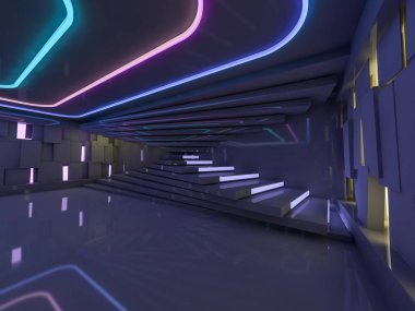Boş bir oda duvar ve neon ışık arka plan. Neon ışınları ve kızdırma. 3D render