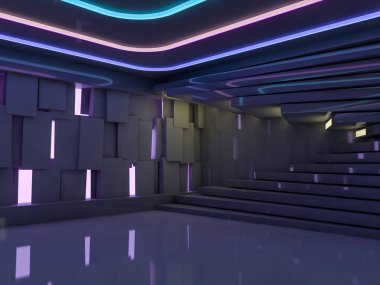 Boş bir oda duvar ve neon ışık arka plan. Neon ışınları ve kızdırma. 3D render