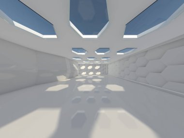Soyut modern mimari arka plan, boş açık alan iç mekanı. 3B görüntüleme