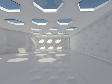 Soyut modern mimari arka plan, boş açık alan iç mekanı. 3B görüntüleme