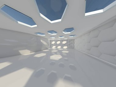 Soyut modern mimari arka plan, boş açık alan iç mekanı. 3B görüntüleme