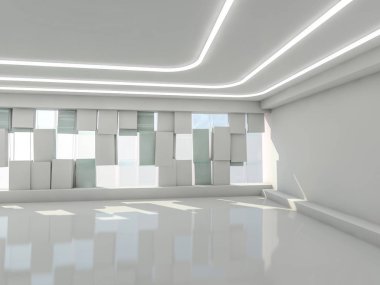 Soyut modern mimari arka plan, boş açık alan iç mekanı. 3B görüntüleme