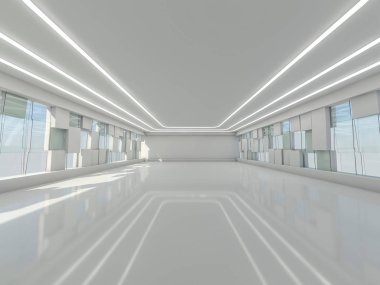 Soyut modern mimari arka plan, boş açık alan iç mekanı. 3B görüntüleme
