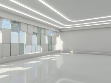 Soyut modern mimari arka plan, boş açık alan iç mekanı. 3B görüntüleme
