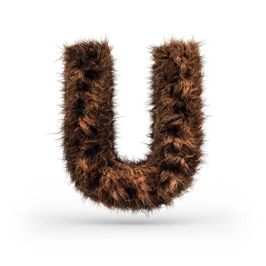 Büyük tüylü ve kürklü yazı tipi kürk doku poster baskı, marka, reklam için yapılmış. Harf U. 3d render