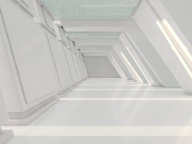 Soyut modern mimari arka plan, boş açık alan iç mekanı. 3B görüntüleme