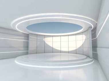 Sunum odası boş podyum ile. 3D render