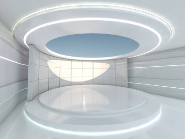 Sunum odası boş podyum ile. 3D render