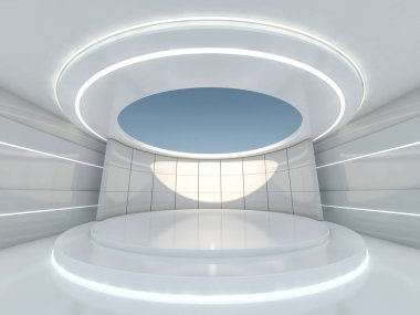 Sunum odası boş podyum ile. 3D render