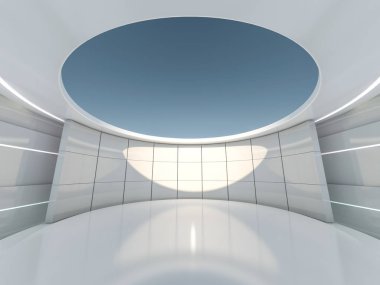 Sunum odası boş podyum ile. 3D render