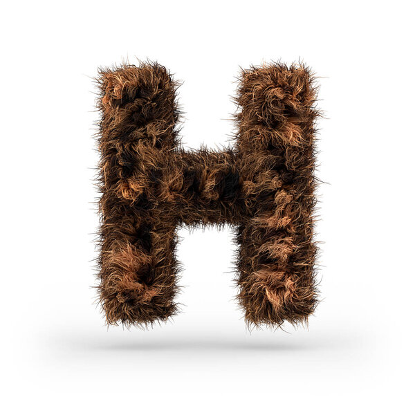 Верхний пушистый и пушистый шрифт из меховой текстуры для печати плакатов, брендинга, рекламы. Буква H. 3D рендеринг

