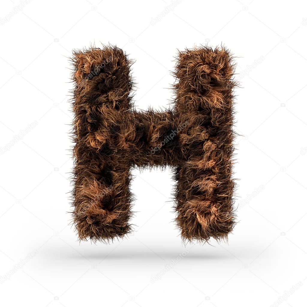 Uppercase fluffy and furry font made of fur texture for poster printing, branding, advertising. Letter H. 3D rendering