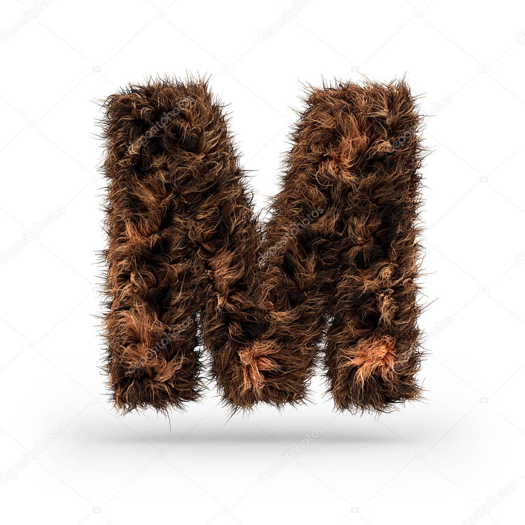 Uppercase fluffy and furry font made of fur texture for poster printing, branding, advertising. Letter M. 3D rendering