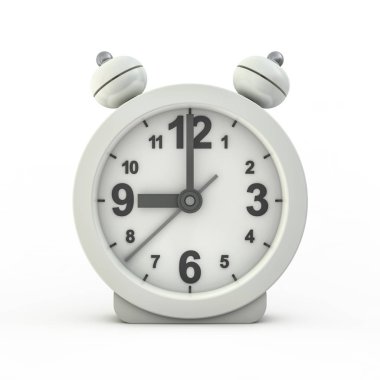 Alarm beyaz saati beyaz arkaplanda izole edildi. 3B görüntüleme