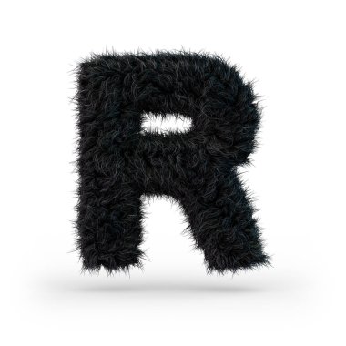 Büyük tüylü ve kürklü siyah yazı. Mektup R. 3d render