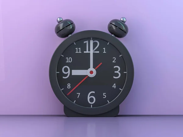 Alarme Relógio Preto Isolado Fundo Roxo Renderização — Fotografia de Stock