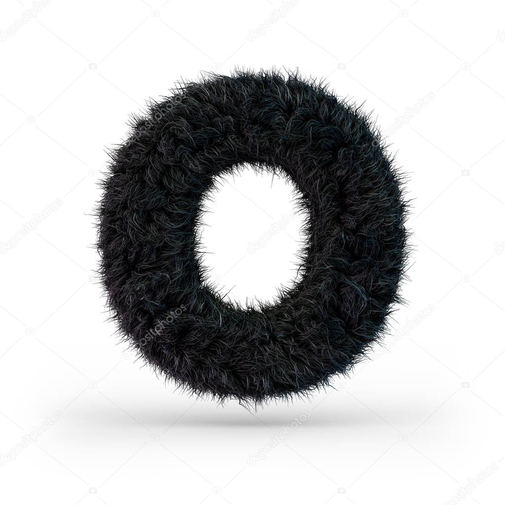 Uppercase fluffy and furry black font. Letter O. 3D rendering