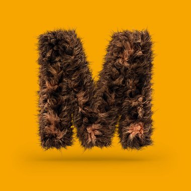 Uppercase fluffy and furry font made of fur texture for poster printing, branding, advertising. Letter M. 3D rendering