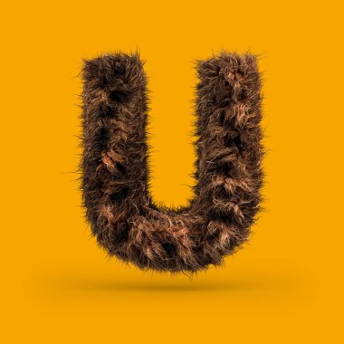 Büyük tüylü ve kürklü yazı tipi kürk doku poster baskı, marka, reklam için yapılmış. Harf U. 3d render