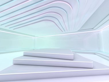 Sunum odası boş podyum ile. 3D render
